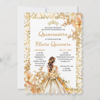 Radiant Bloom Floral Princess Gold Quinceanera Inv Einladung