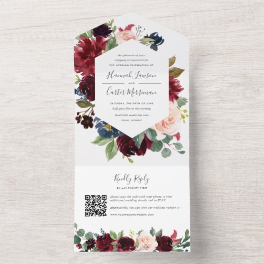 Radiant Bloom Floral Wedding QR Code All In One Einladung (Innen Boden)