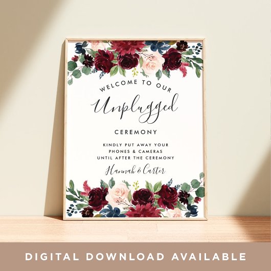Radiant Bloom Unplugged Wedding Zeremony Sign Poster