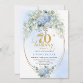 Radiant Boho Blue Floral Gold Frame 70th Birthday Einladung (Vorderseite)