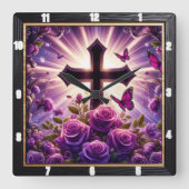 Radiant Cross Lila Rose Schmetterlinge Quadratische Wanduhr (Vorderseite)