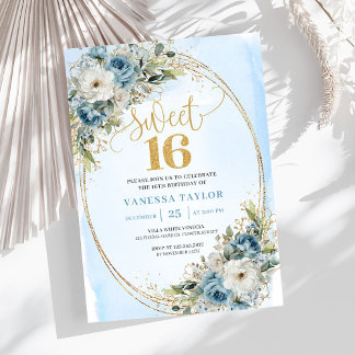 Radiant Dusty Blue Floral Sweet Sixteen Birthday Einladung