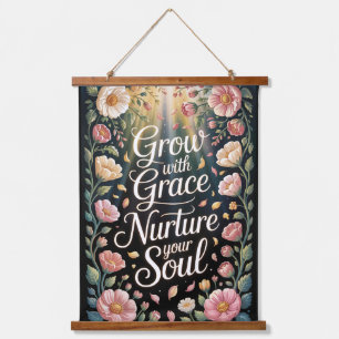 Radiant floral Burst wächst mit Grace Quote Wandteppich Mit Holzrahmen