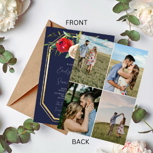 Radiant Floral Navy Blue Burgundy Foto Wedding Einladung