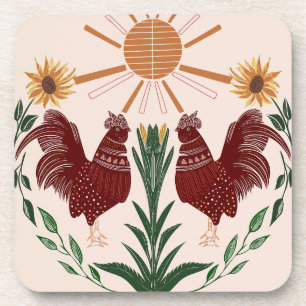 Radiant Folk Art Rooster - Sonnensymmetrisches Des Getränkeuntersetzer