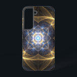 Radiant Gold Blue Fraktal Phone Case Samsung Galaxy Hülle<br><div class="desc">Schützen Sie Ihr Handy stilvoll mit diesem faszinierenden abstrakten Fraktal-Gehäuse. Mit einem symmetrischen Muster glühender Gold- und blauer Energie, die von einem zentralen Punkt aus nach außen strahlt, erfasst dieses Design ein Gefühl von dynamischem Power und futuristischer kosmischer Energie. Die komplizierten Details und scharfen linearen Elemente vor einem schwarzen Hintergrund...</div>