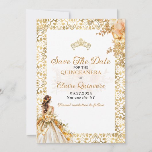Radiant Gold Floral Quinceanera Ankündigung (Vorderseite)