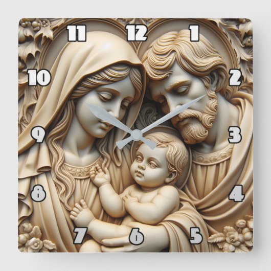 Radiant Golden Holy Family Relief Quadratische Wanduhr (Vorderseite)