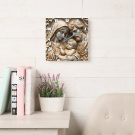 Radiant Golden Holy Family Relief Quadratische Wanduhr