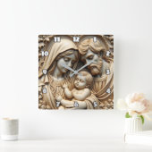 Radiant Golden Holy Family Relief Quadratische Wanduhr (Zuhause)