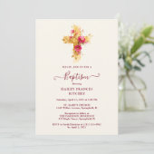 Radiant Golden Sparkle Botanical Cross Baptism Einladung (Stehend Vorderseite)
