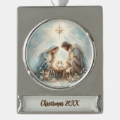Radiant Holy Family Nativity Scene Banner-Ornament Silber (Vorderseite)