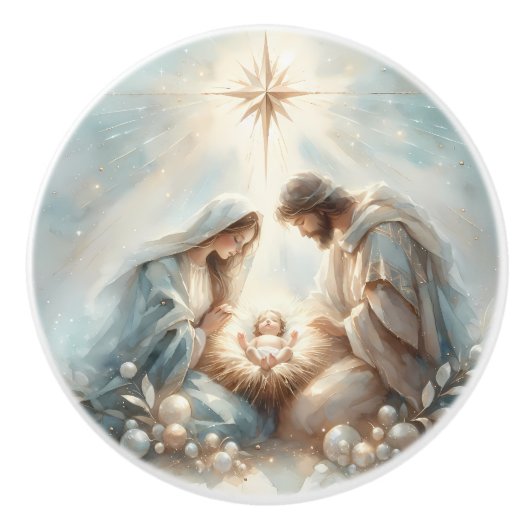 Radiant Holy Family Nativity Scene Keramikknauf (Vorderseite)