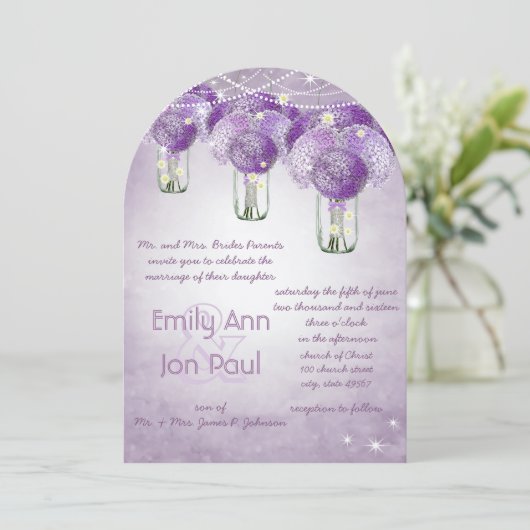 Radiant Lavender Lila Mason Jar Wedding Einladung (Stehend Vorderseite)