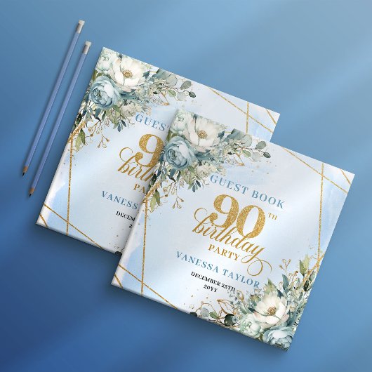 Radiant Light Blue Gold 90th Birthday Guest Ledger Gästebuch