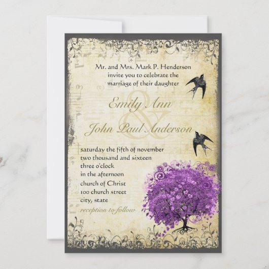 Radiant Lila Heart Leaf Tree Wedding Einladung (Rückseite)