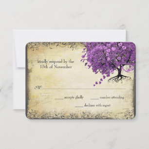 Radiant Lila Heart Leaf Tree Wedding RSVP Karte