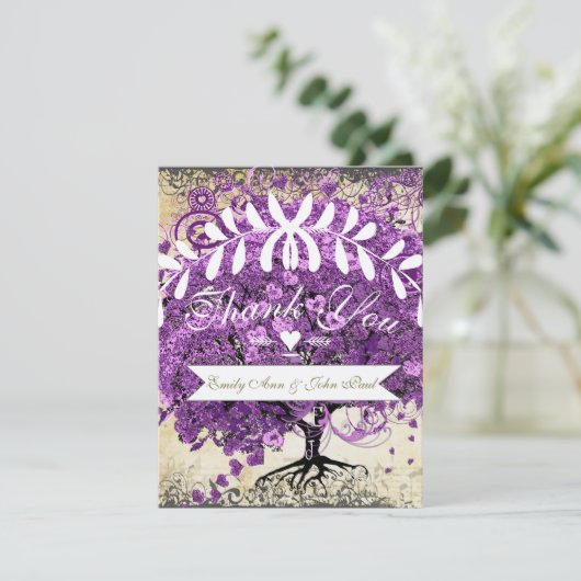 Radiant Lila Romantic Heart Leaf Wedding Dankeskarte (Stehend Vorderseite)