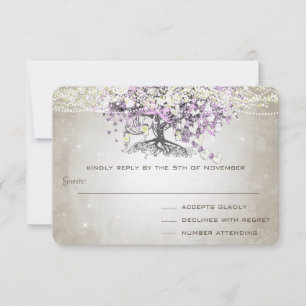 Radiant Lila Romantic Heart Leaf Wedding RSVP Karte