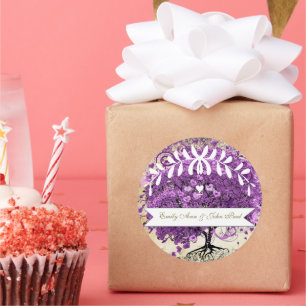 Radiant Lila Romantic Heart Leaf Wedding Runder Aufkleber