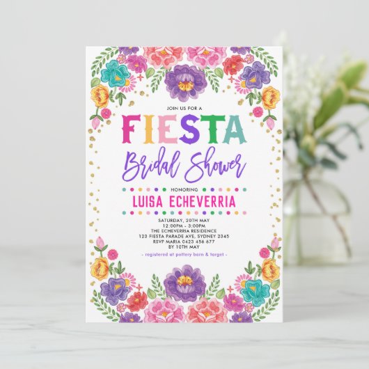 Radiant Mexican Floral Fiesta Brautparty Einladung (Stehend Vorderseite)
