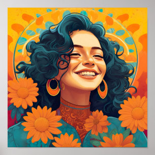 Radiant mexikanisch-amerikanische Frau Blumenportr Poster