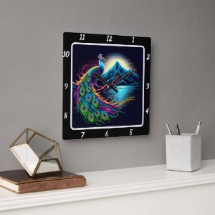 Radiant Neon Peacock Quadratische Wanduhr