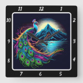 Radiant Neon Peacock Quadratische Wanduhr (Vorderseite)