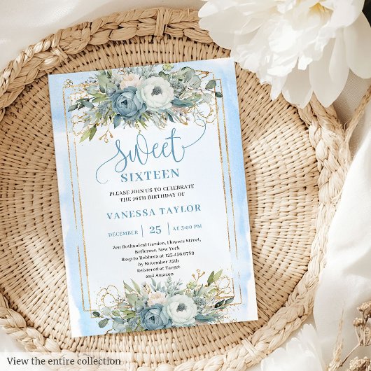 Radiant Pastel Blue White Peonies Sweet 16 Invite Einladung