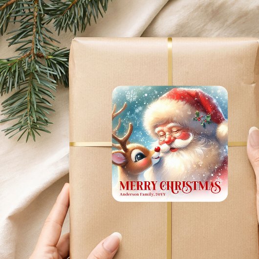 Radiant Personalized Santa and Rudolph Holiday   Quadratischer Aufkleber