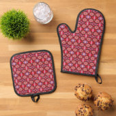 Radiant Red Bloom - Mandala Floral Tile Muster Ofenhandschuh & Topflappen-Set (Oben Unten)