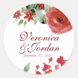 Radiant Red Watercolor Rose Hochzeitsticker Runder Aufkleber