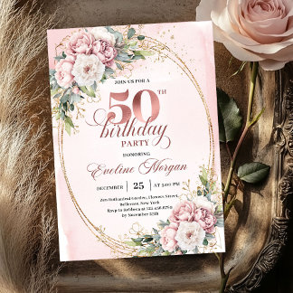 Radiant Rose Gold Blush Floral 50th Birthday  Einladung