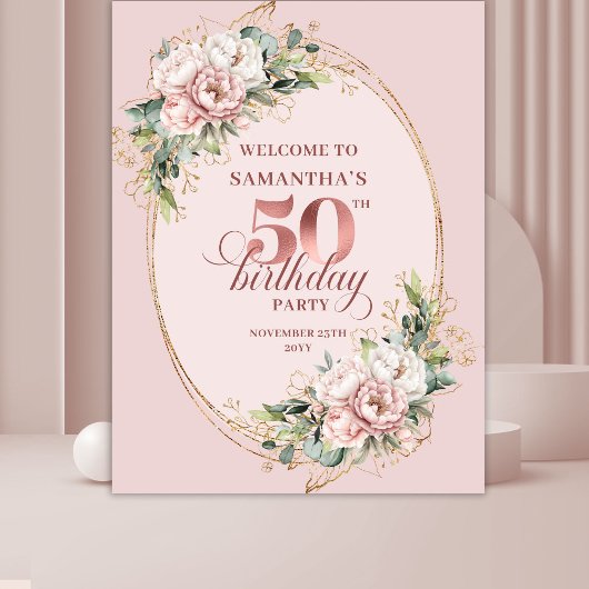 Radiant Rose Gold Blush Floral 50th Birthday Party Wandteppich