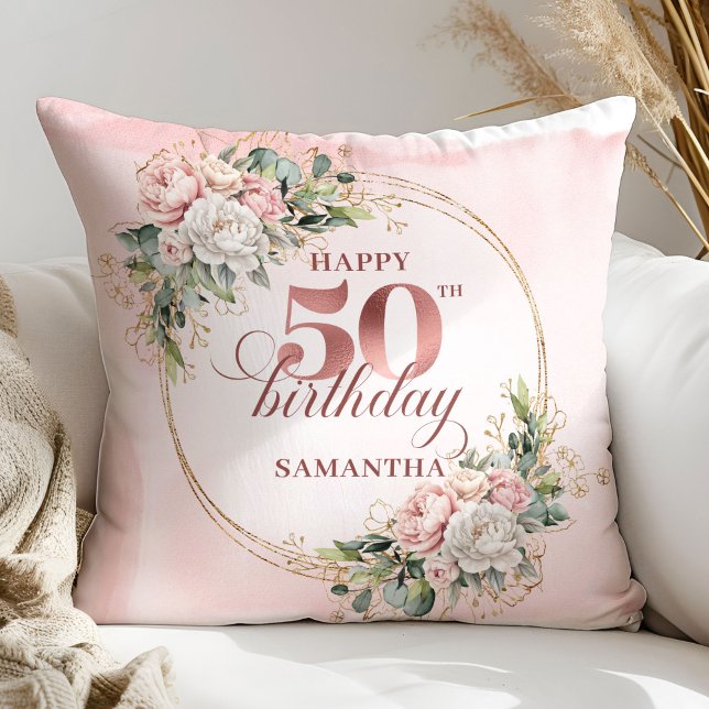 Radiant Rose Gold Greenery 50th Birthday Personal Kissen (Radiant Rose Gold Greenery 50th Birthday Personalized Gift

)