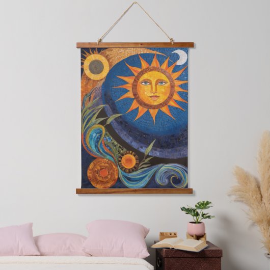 Radiant Sun Mosaic Vibrant Celestial Wandteppich Mit Holzrahmen (Schlafzimmer)