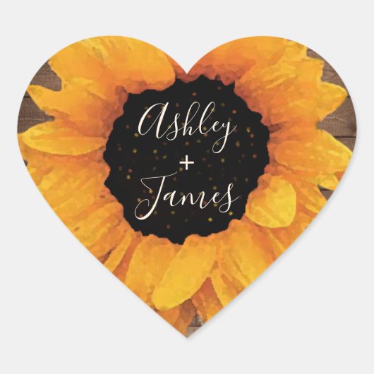 Radiant Sunflower Rustic Wedding Names Monogram Herz-Aufkleber (Vorderseite)