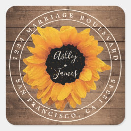 Radiant Sunflower Rustic Wedding Rücksendeadresse Quadratischer Aufkleber