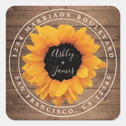 Radiant Sunflower Rustic Wedding Rücksendeadresse Quadratischer Aufkleber (Vorderseite)