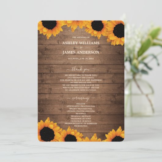 Radiant Sunflower Rustic Wood Wedding Programm (Stehend Vorderseite)
