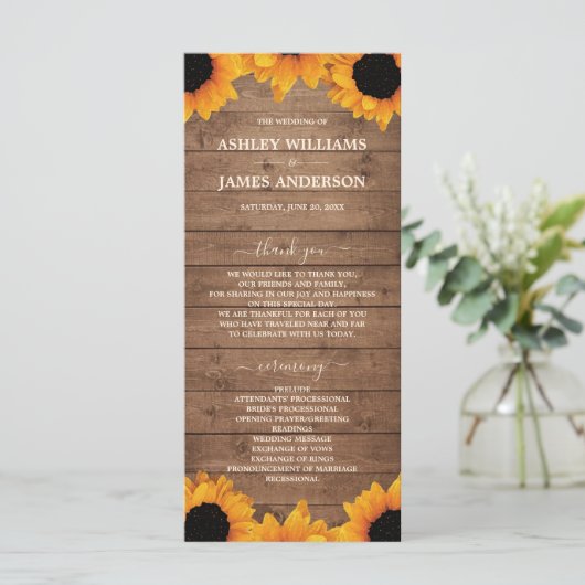 Radiant Sunflower Rustic Wood Wedding Programm (Stehend Vorderseite)