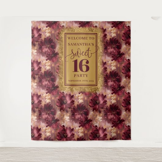 Radiant Sweet 16 Blush Burgundy Gold Hintergrund Wandteppich (Vorderseite)