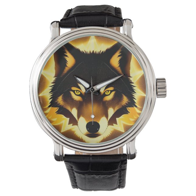 Radiant Wolf Face beleuchtet durch goldenes Licht Armbanduhr (Vorderseite)