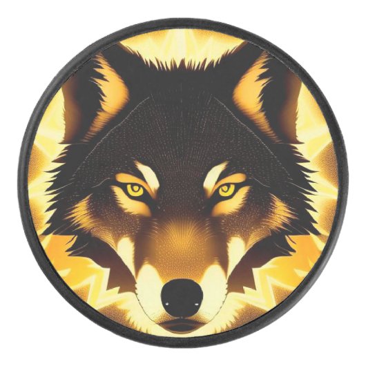 Radiant Wolf Face beleuchtet durch goldenes Licht Eishockey Puck (Vorderseite)