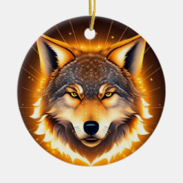 Radiant Wolf Face beleuchtet durch goldenes Licht Keramik Ornament