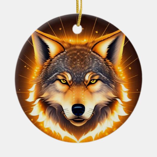 Radiant Wolf Face beleuchtet durch goldenes Licht Keramik Ornament (Vorne)