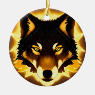 Radiant Wolf Face beleuchtet durch goldenes Licht Keramik Ornament