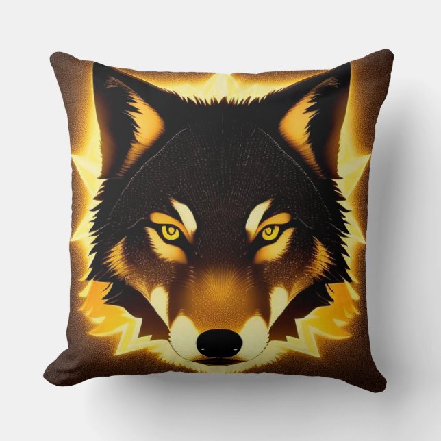 Radiant Wolf Face beleuchtet durch goldenes Licht Kissen (Vorderseite)