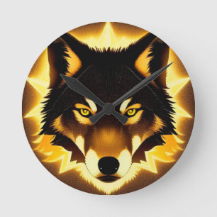 Radiant Wolf Face beleuchtet durch goldenes Licht Runde Wanduhr