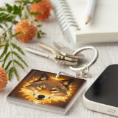 Radiant Wolf Face beleuchtet durch goldenes Licht Schlüsselanhänger (Vorderseite rechts)